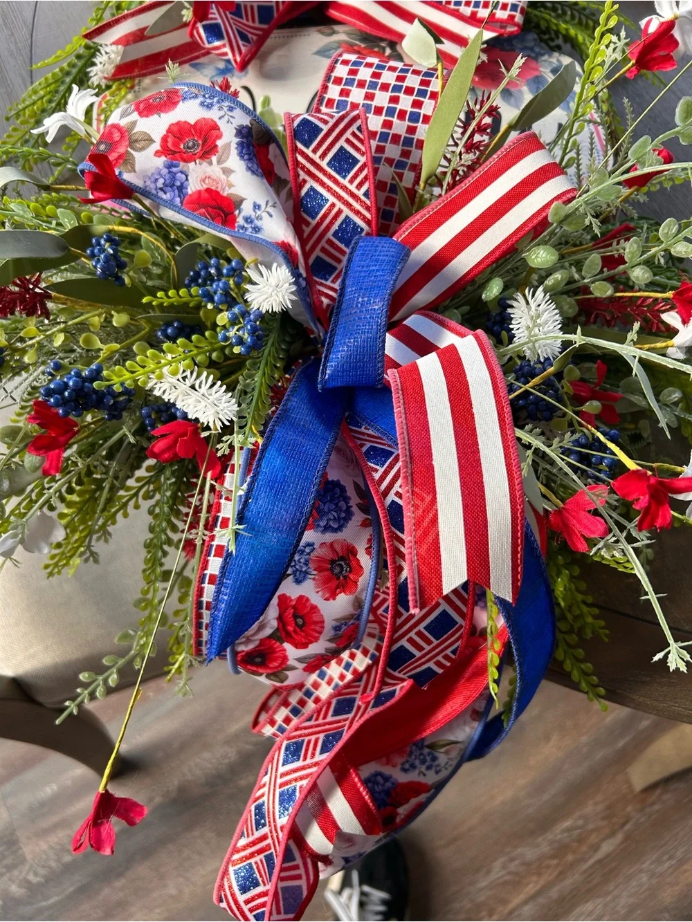 Welcome Floral Patriotic Wreath Sign with Red, White & Blue Ribbon
